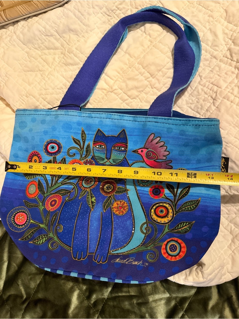 Laurel Burch Blue Teal Floral Cat Canvas Tote - Picture 5 of 5